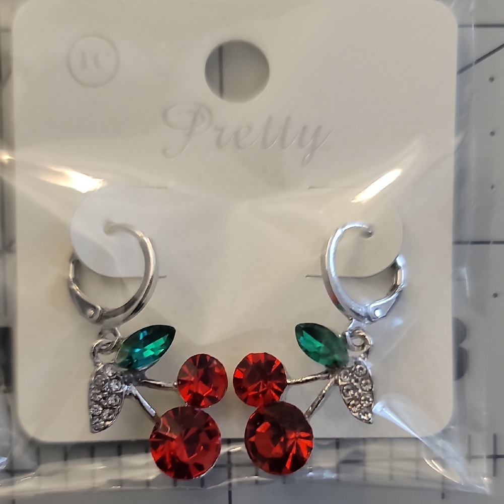 Pretty Cherry Earrings with Red and Green Crystals